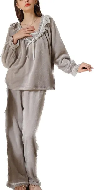 Lu's Chic Women's Fleece Pajama Set Cute Frilly Bowknot Ruffle V Neck Thick Warm Cozy Loungewear Winter Oversized Lounge Set