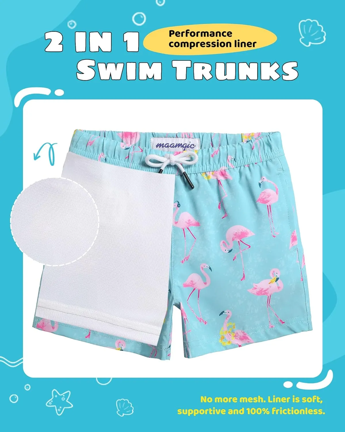 maamgic Boys Swim Trunks with Compression Liner Toddler Stretch Swim Shorts