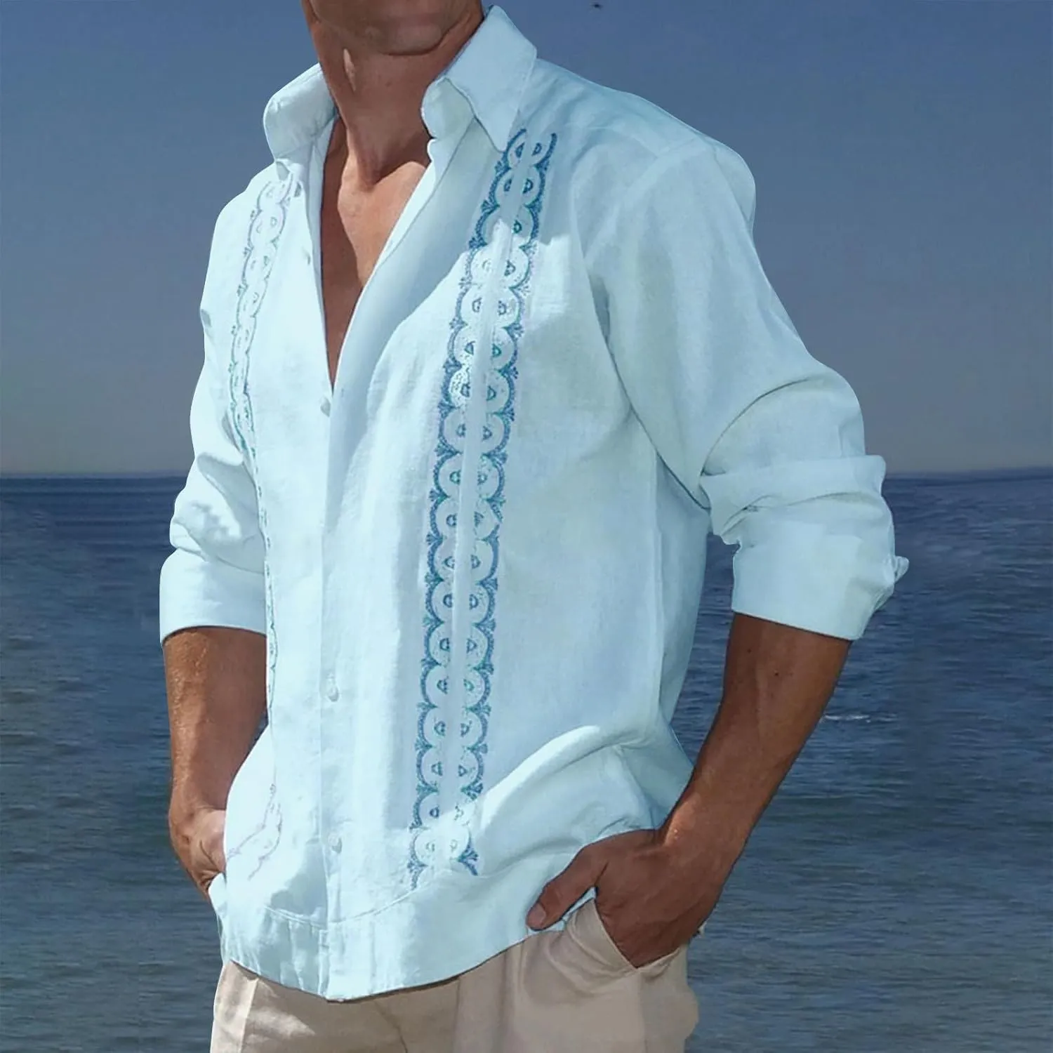 Men's Cuban Guayabera Shirts - Casual Long Sleeve Cotton Linen Button Down Shirt Summer Regular Fit Beach Tops