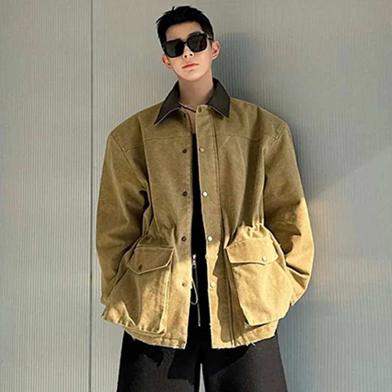 Men's Jackets Turn-down Collar Patchwork PU Leather Contrast Color Large Pockets Male Short Coats Casual Spring 9C4787