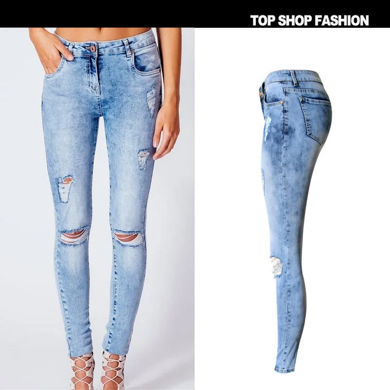 Middle Waist Cut Out Rough Holes Long Skinny Pants Jeans