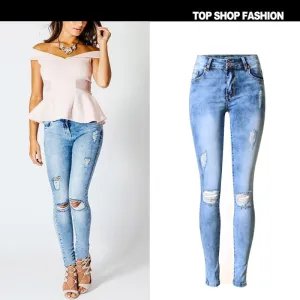 Middle Waist Cut Out Rough Holes Long Skinny Pants Jeans