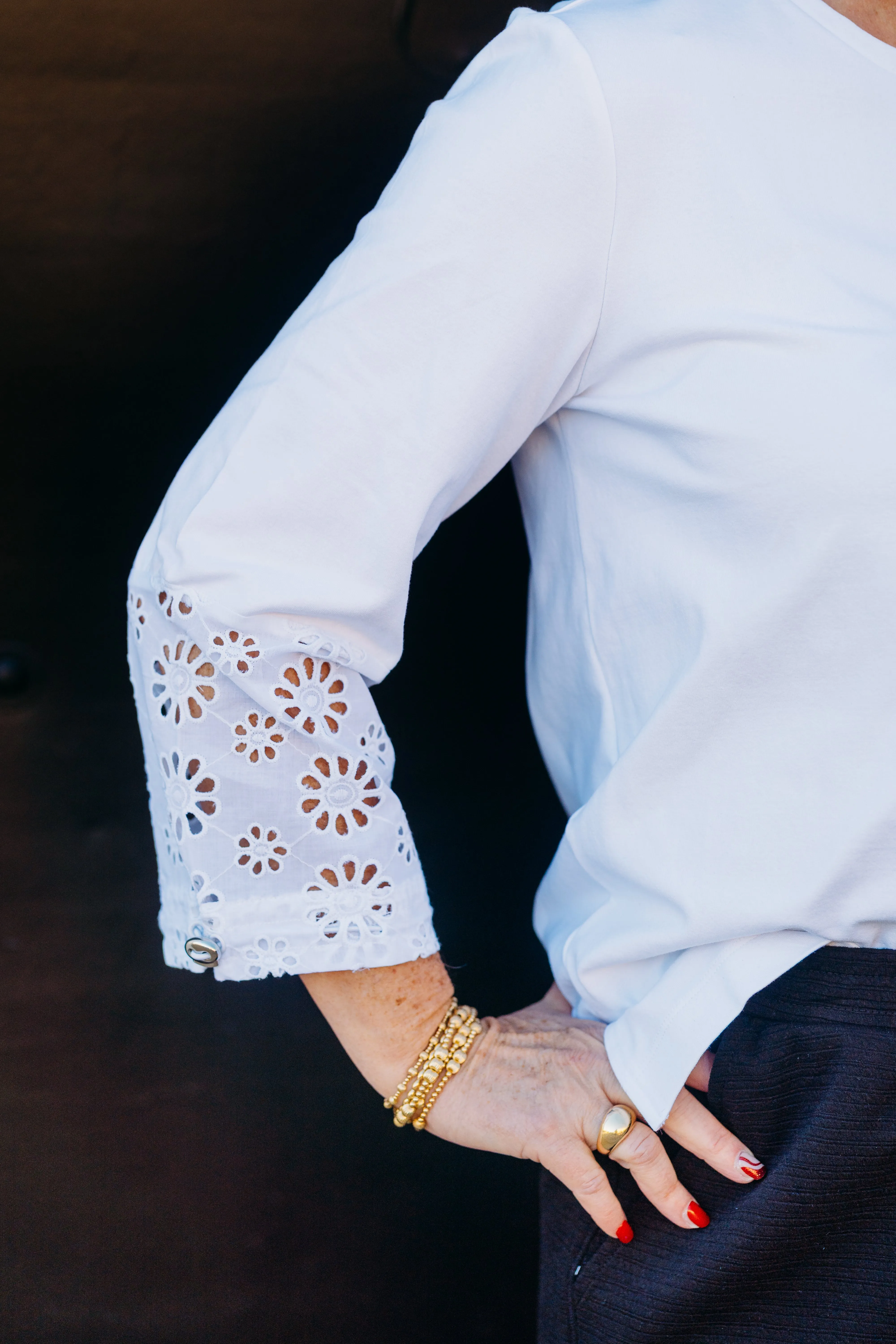 Multiples: Drawstring 3/4 Sleeve Crew Neck Top in White M15512TM