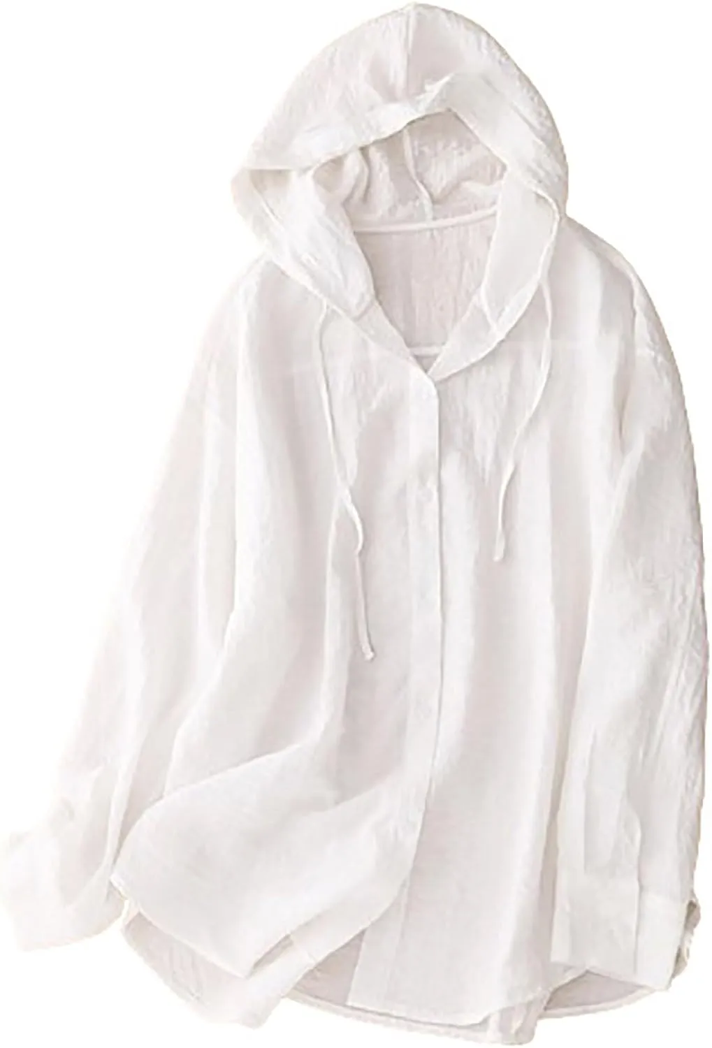 Mzkdieey Women's Cotton Linen Sun Protection Hoodie Jacket Drawstring Long Sleeve Button Down T-Shirts Oversized Cover Ups