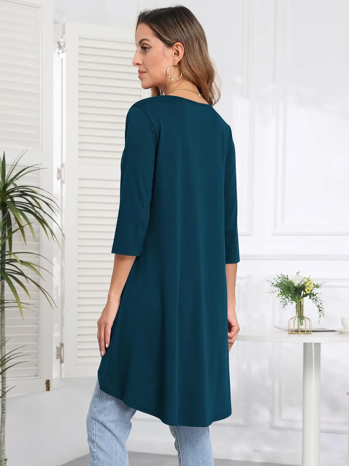 Naggoo Womens Long Shirts for Leggings 3/4 Sleeve V Neck Button Decor High Low Tops Casual Loose Fit Tunic Tops