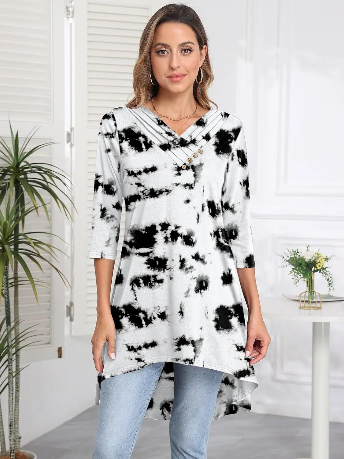Naggoo Womens Long Shirts for Leggings 3/4 Sleeve V Neck Button Decor High Low Tops Casual Loose Fit Tunic Tops