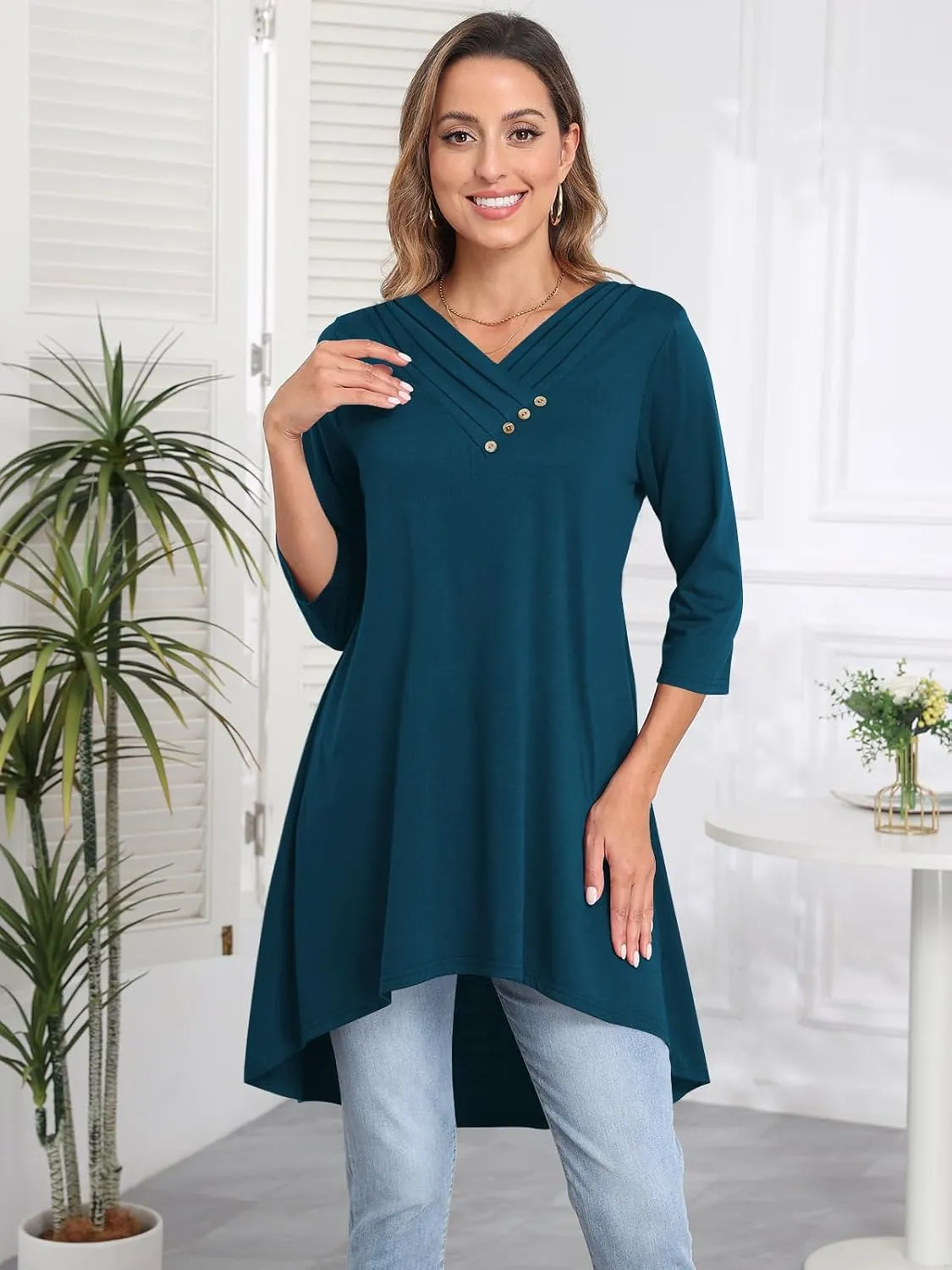 Naggoo Womens Long Shirts for Leggings 3/4 Sleeve V Neck Button Decor High Low Tops Casual Loose Fit Tunic Tops