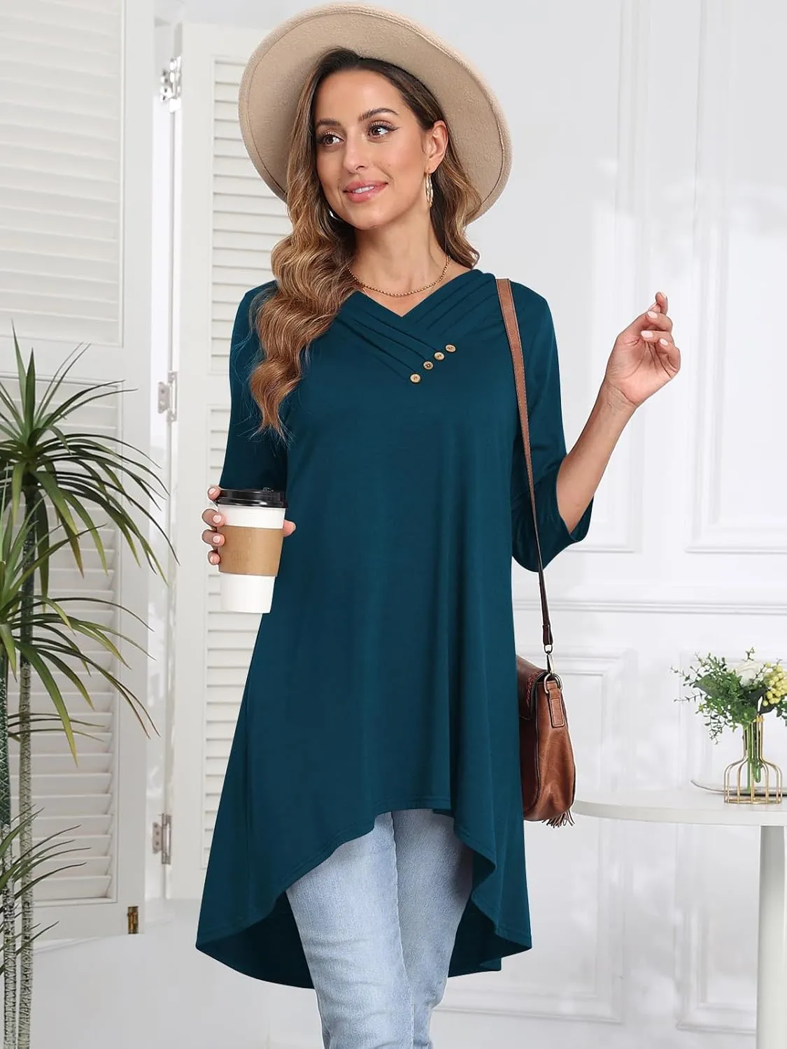 Naggoo Womens Long Shirts for Leggings 3/4 Sleeve V Neck Button Decor High Low Tops Casual Loose Fit Tunic Tops