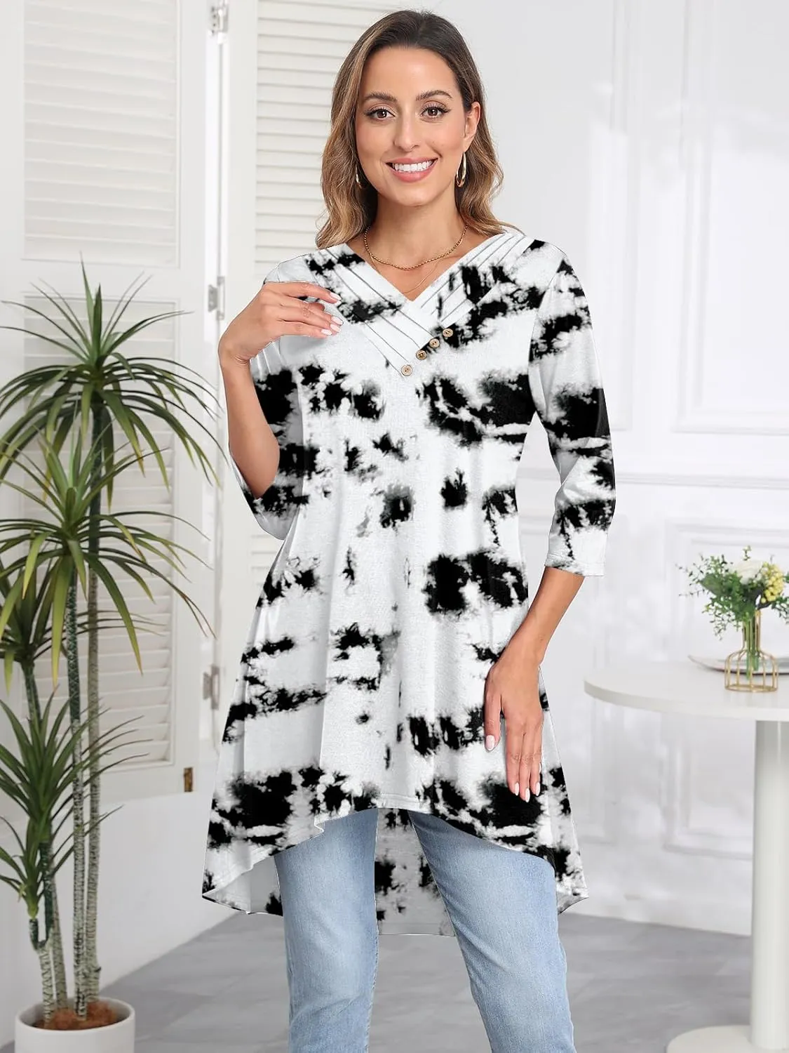 Naggoo Womens Long Shirts for Leggings 3/4 Sleeve V Neck Button Decor High Low Tops Casual Loose Fit Tunic Tops