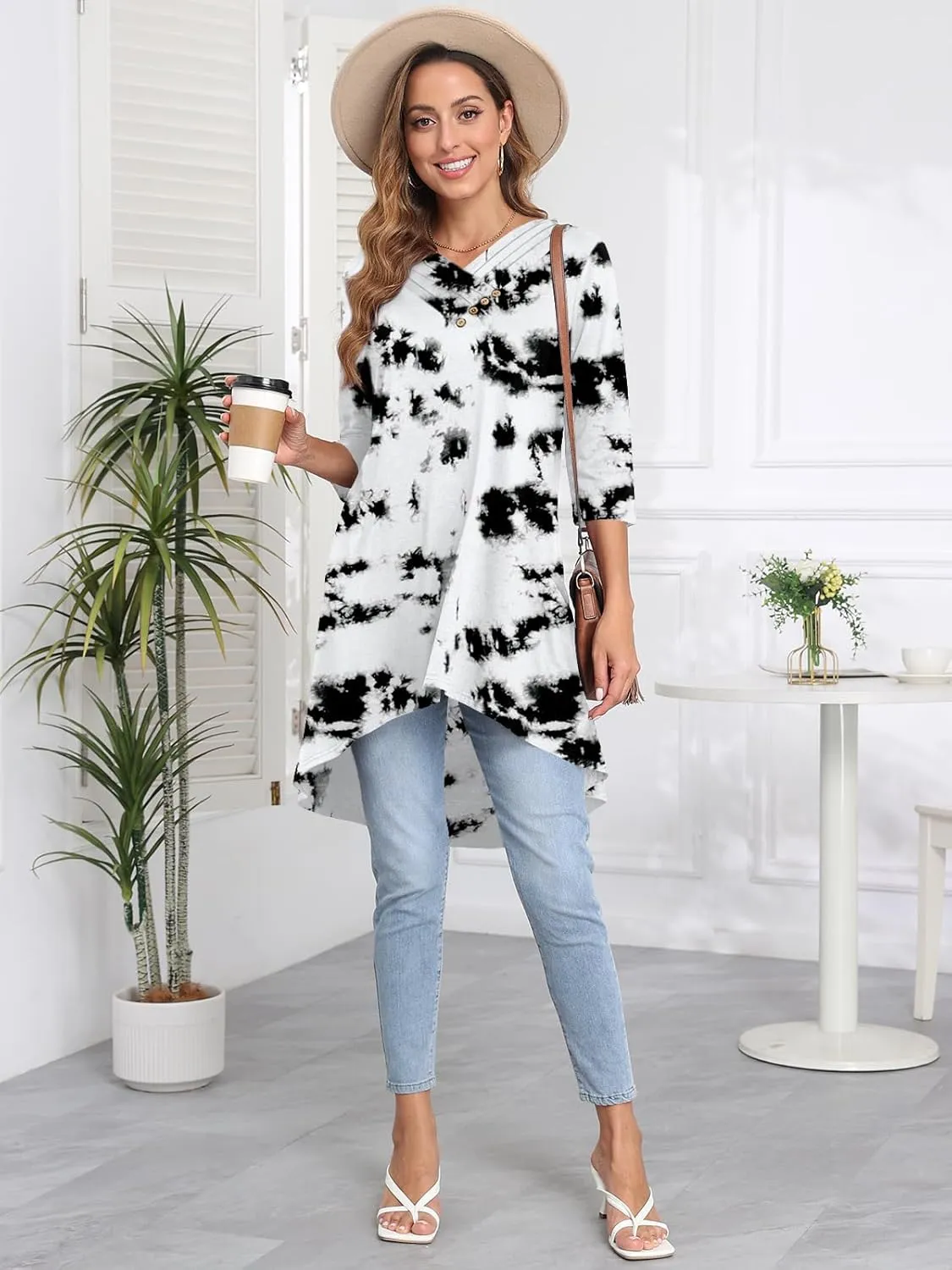 Naggoo Womens Long Shirts for Leggings 3/4 Sleeve V Neck Button Decor High Low Tops Casual Loose Fit Tunic Tops