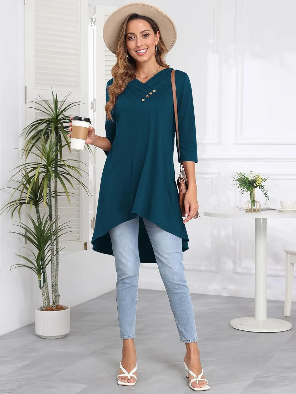 Naggoo Womens Long Shirts for Leggings 3/4 Sleeve V Neck Button Decor High Low Tops Casual Loose Fit Tunic Tops