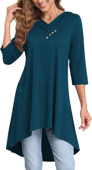 Naggoo Womens Long Shirts for Leggings 3/4 Sleeve V Neck Button Decor High Low Tops Casual Loose Fit Tunic Tops