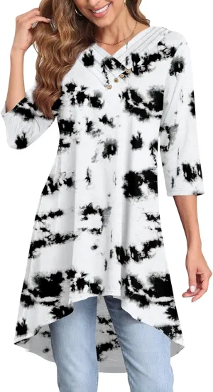 Naggoo Womens Long Shirts for Leggings 3/4 Sleeve V Neck Button Decor High Low Tops Casual Loose Fit Tunic Tops