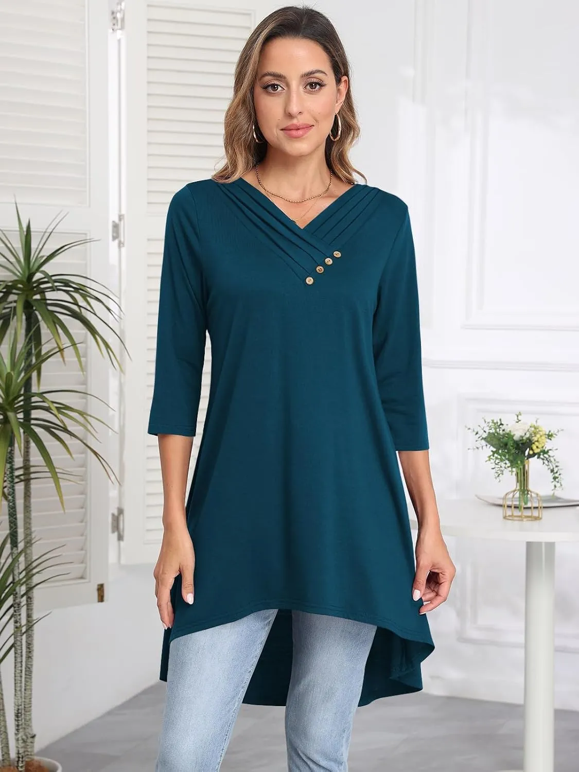 Naggoo Womens Long Shirts for Leggings 3/4 Sleeve V Neck Button Decor High Low Tops Casual Loose Fit Tunic Tops