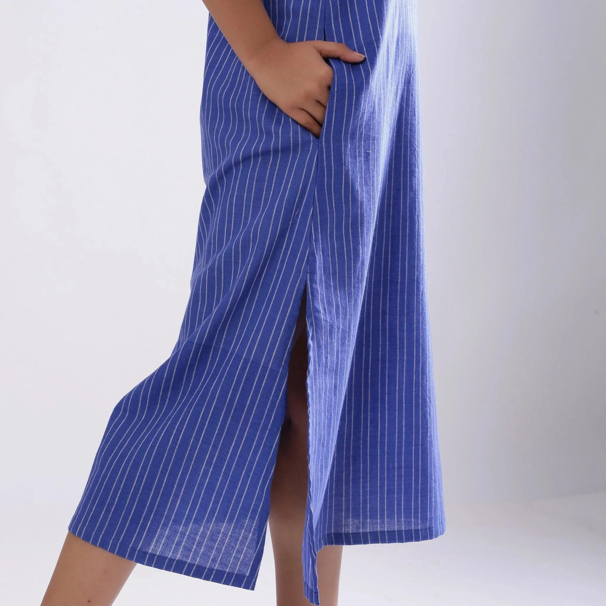 Navy Blue Handspun Cotton Knee Length Slit Dress