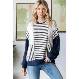 Navy Striped Lace Contrast Pullover
