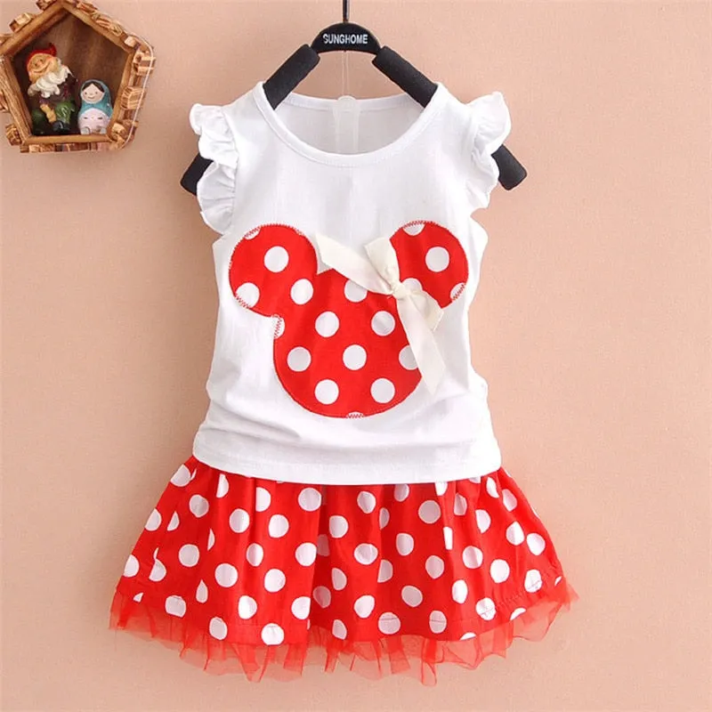 New 2019 T-shirt   skirt baby child suit 2 pieces fashion girls clothing sets Minnie children's clothes bowknot shirt dress 2-10