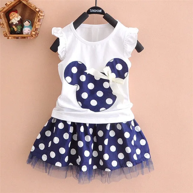 New 2019 T-shirt   skirt baby child suit 2 pieces fashion girls clothing sets Minnie children's clothes bowknot shirt dress 2-10