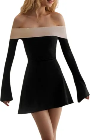 Off The Shoulder Mini Dress Long Sleeve Elegant Bodycon Dress Cocktail Y2K Ruffle Brunch Chic Dresses