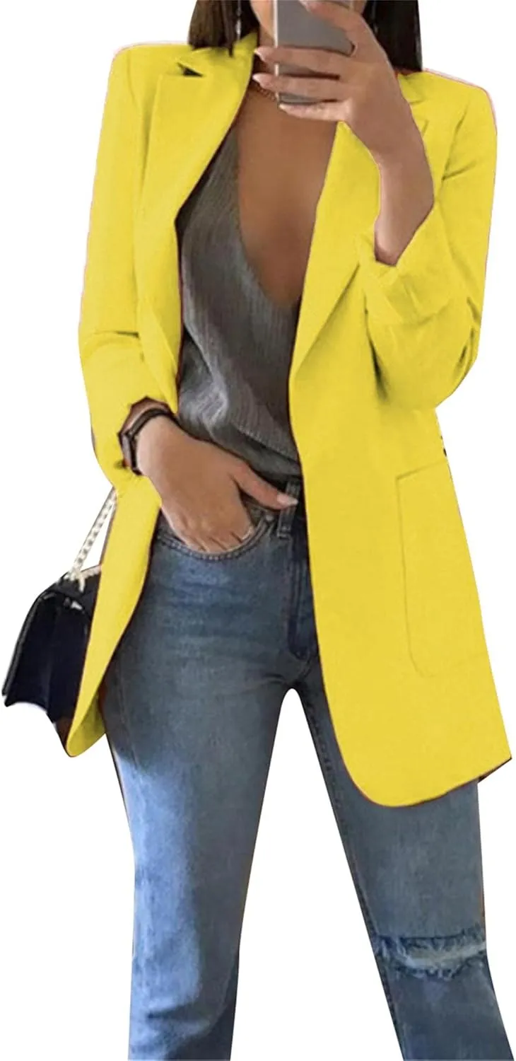 OMZIN Women's Lapel Pockets Long Sleeve Blazer Open Front Coat Jacket