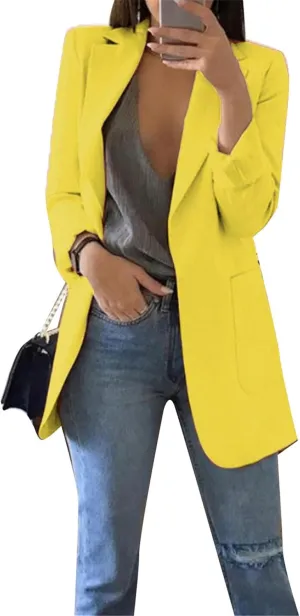 OMZIN Women's Lapel Pockets Long Sleeve Blazer Open Front Coat Jacket