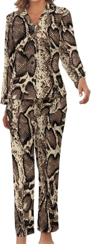 Original Snake Skin 2 Pcs Pajamas For Women Set Cozy Satin Long Sleeve Sleepwear Nightwear Loungewear