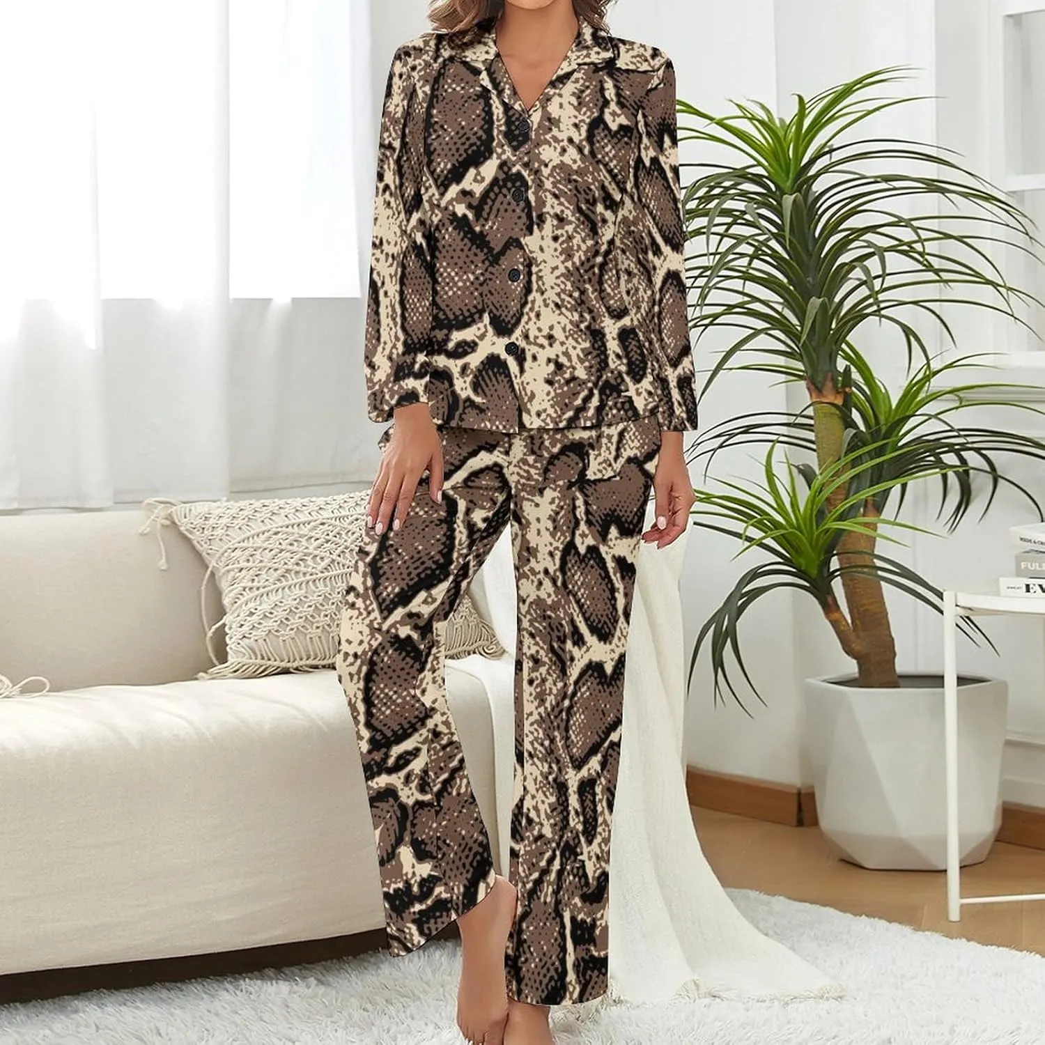 Original Snake Skin 2 Pcs Pajamas For Women Set Cozy Satin Long Sleeve Sleepwear Nightwear Loungewear