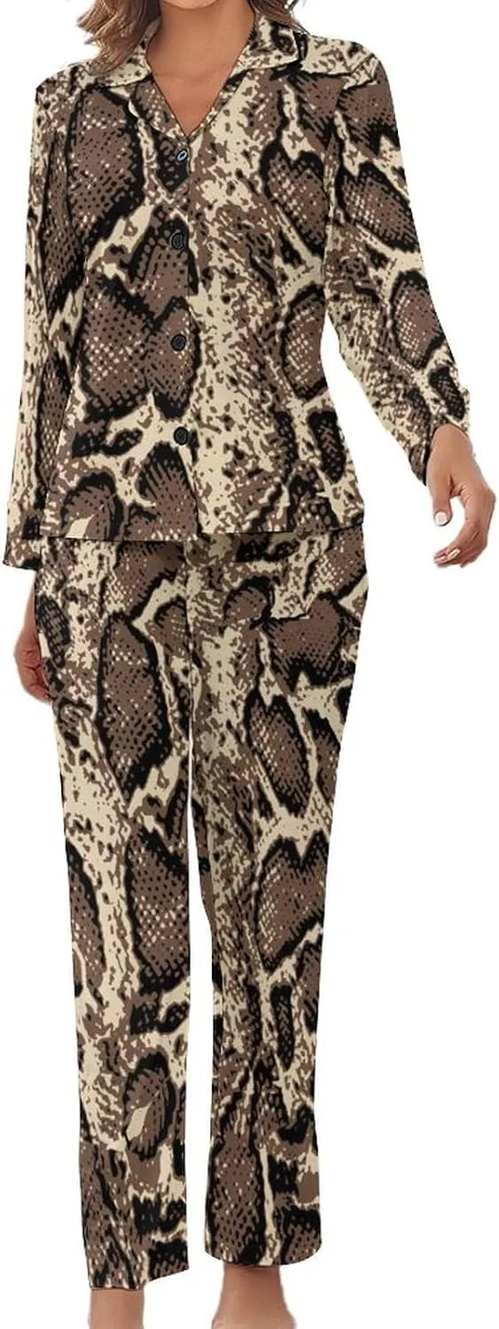 Original Snake Skin 2 Pcs Pajamas For Women Set Cozy Satin Long Sleeve Sleepwear Nightwear Loungewear