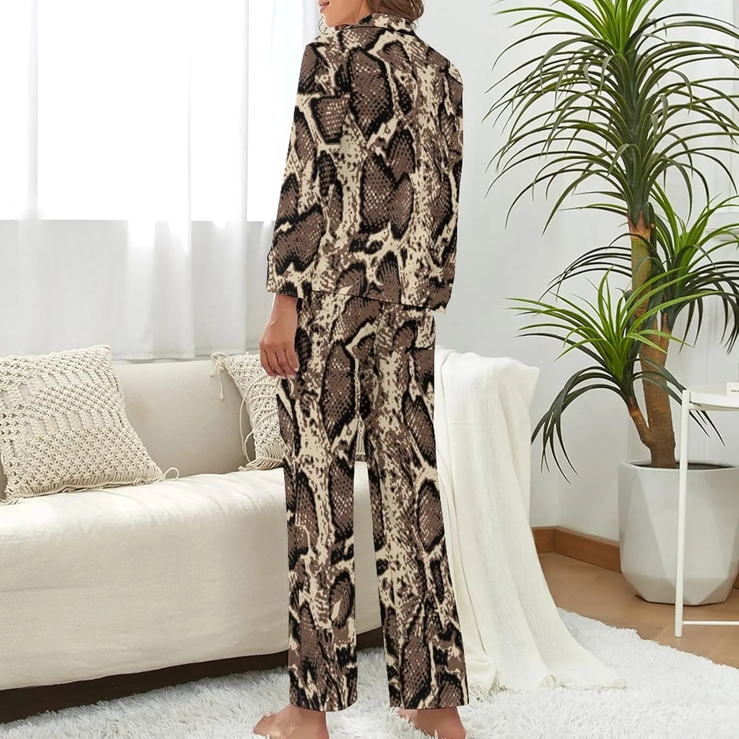 Original Snake Skin 2 Pcs Pajamas For Women Set Cozy Satin Long Sleeve Sleepwear Nightwear Loungewear