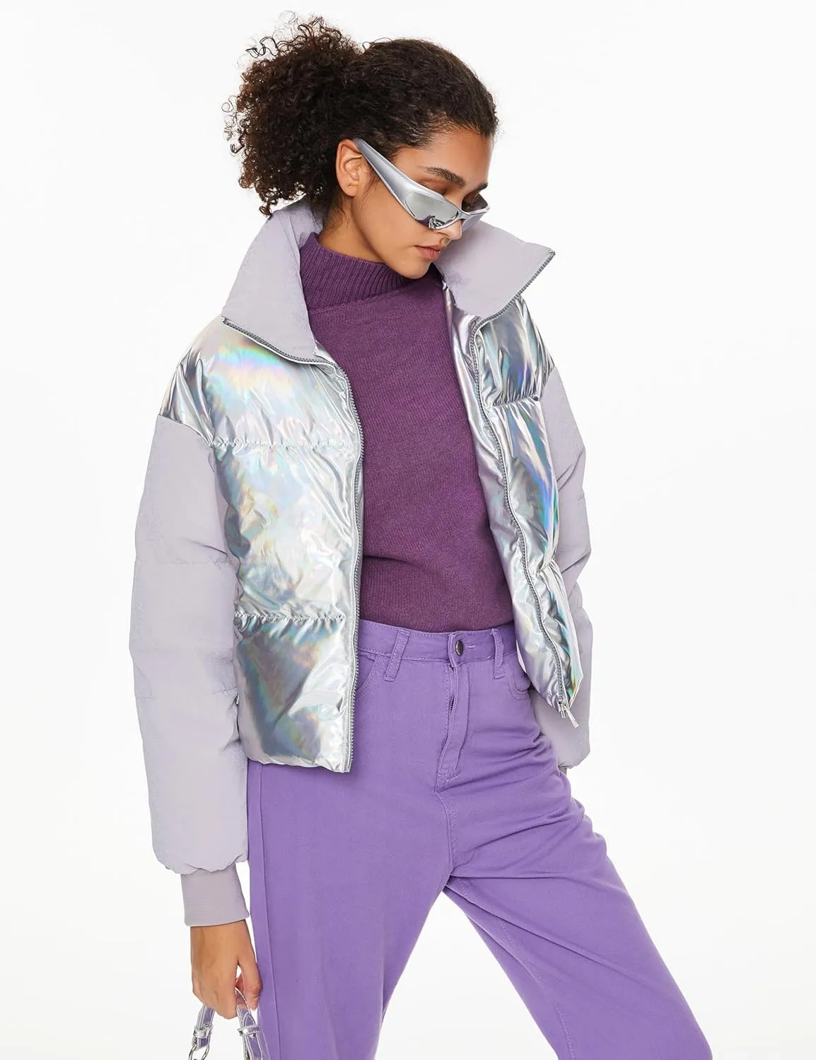 Orolay Women's Shiny Cropped Puffer Jacket Lightweight Metallic Zipper Winter Down Coat