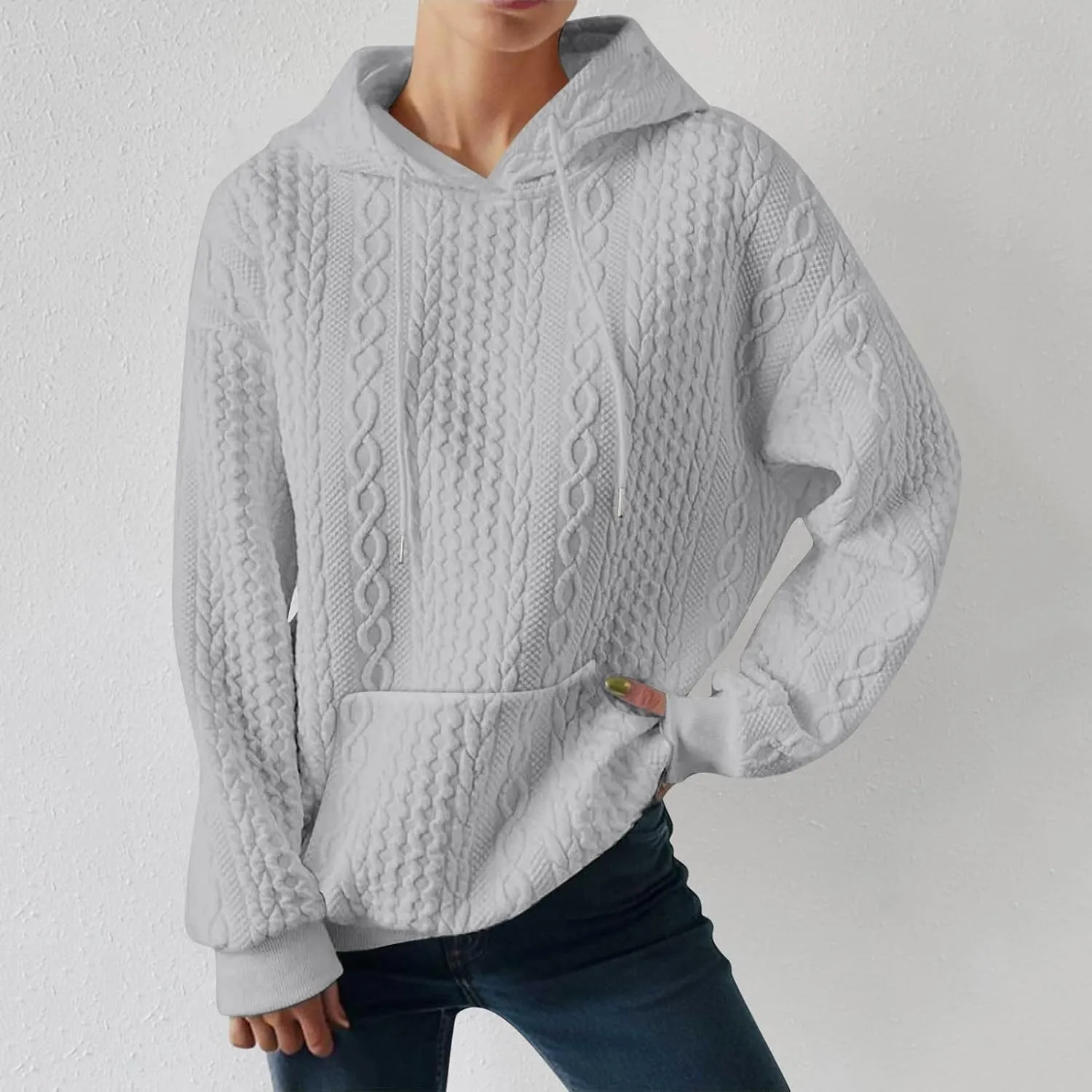 Oversized Sweatshirts for Women Loose Fit Drawstring Waffle Knit Hoodies Casual Cute Solid Long Sleeve Pullover Tops
