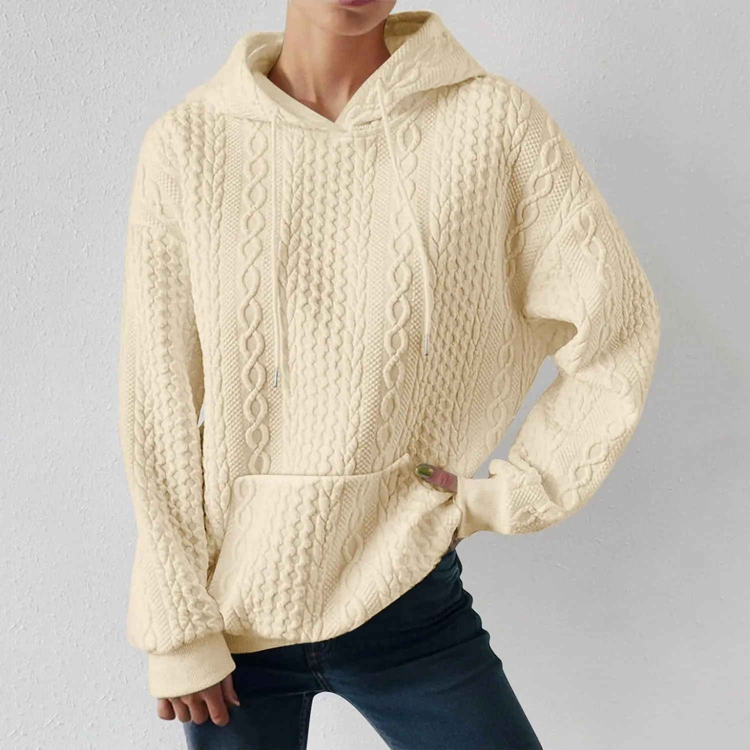 Oversized Sweatshirts for Women Loose Fit Drawstring Waffle Knit Hoodies Casual Cute Solid Long Sleeve Pullover Tops