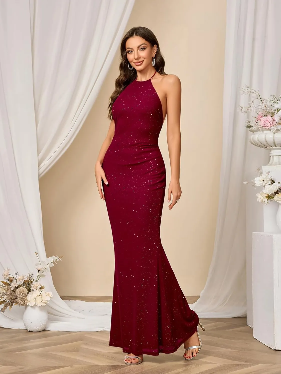 Parthea Women's Sexy Sequin Bodycon Backless Sparkly Mesh Evening Party Elegant Maxi Dresses