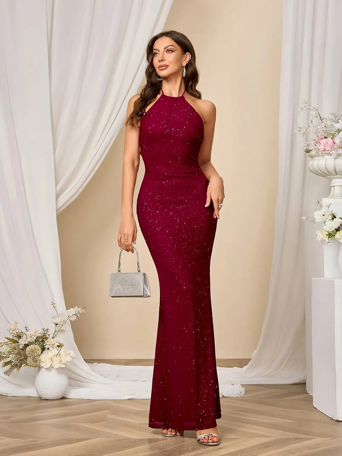 Parthea Women's Sexy Sequin Bodycon Backless Sparkly Mesh Evening Party Elegant Maxi Dresses