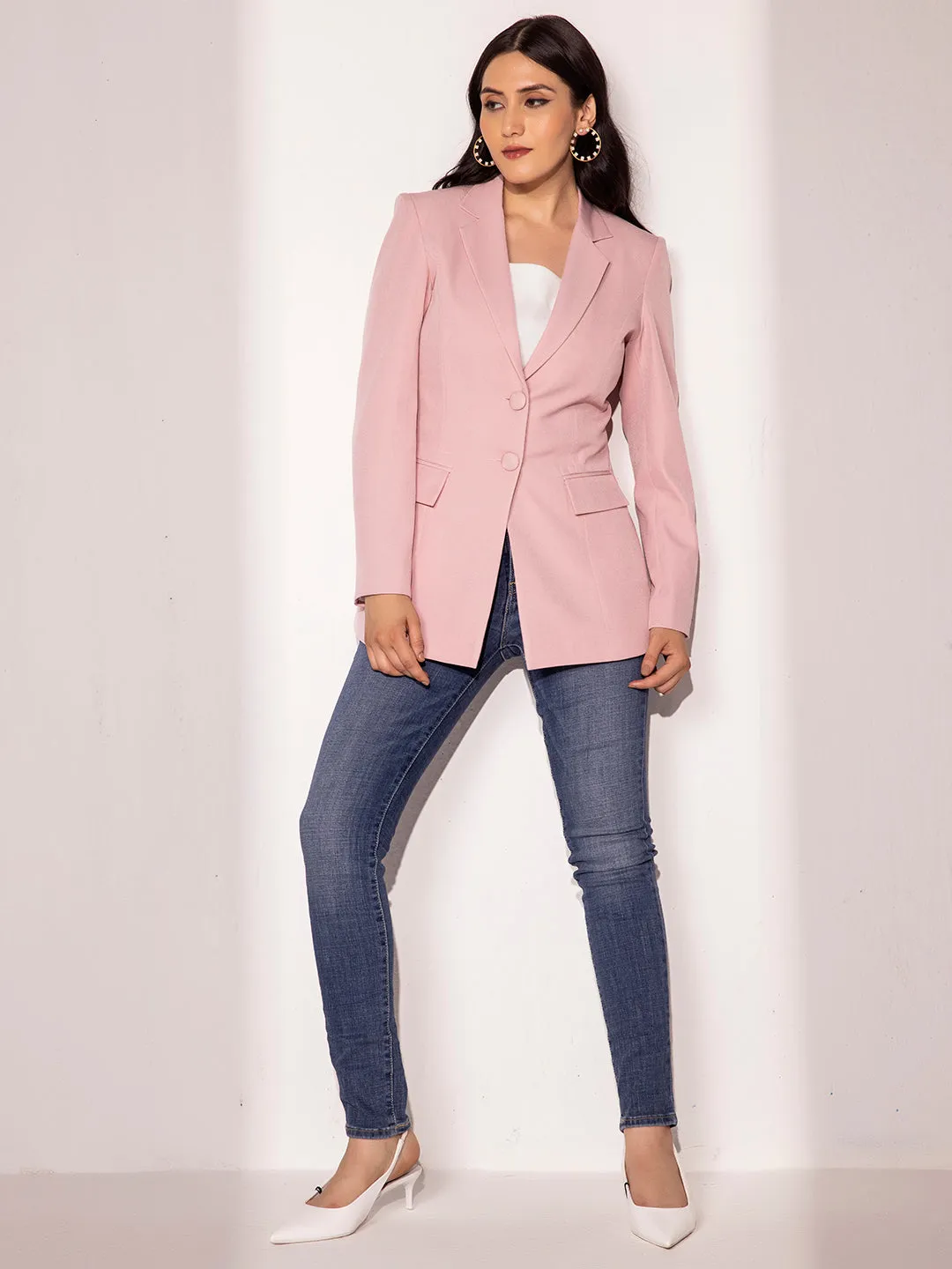 Pink Polyester Double Button Notch Collar Blazer
