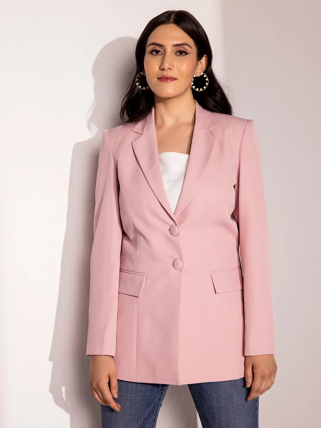 Pink Polyester Double Button Notch Collar Blazer