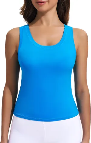 PINSPARK Workout Tops for Women Double Lined Athletic Shirts Scoop Neck Racerback Gym Tanks Sleeveless Tight Crop Yoga Top