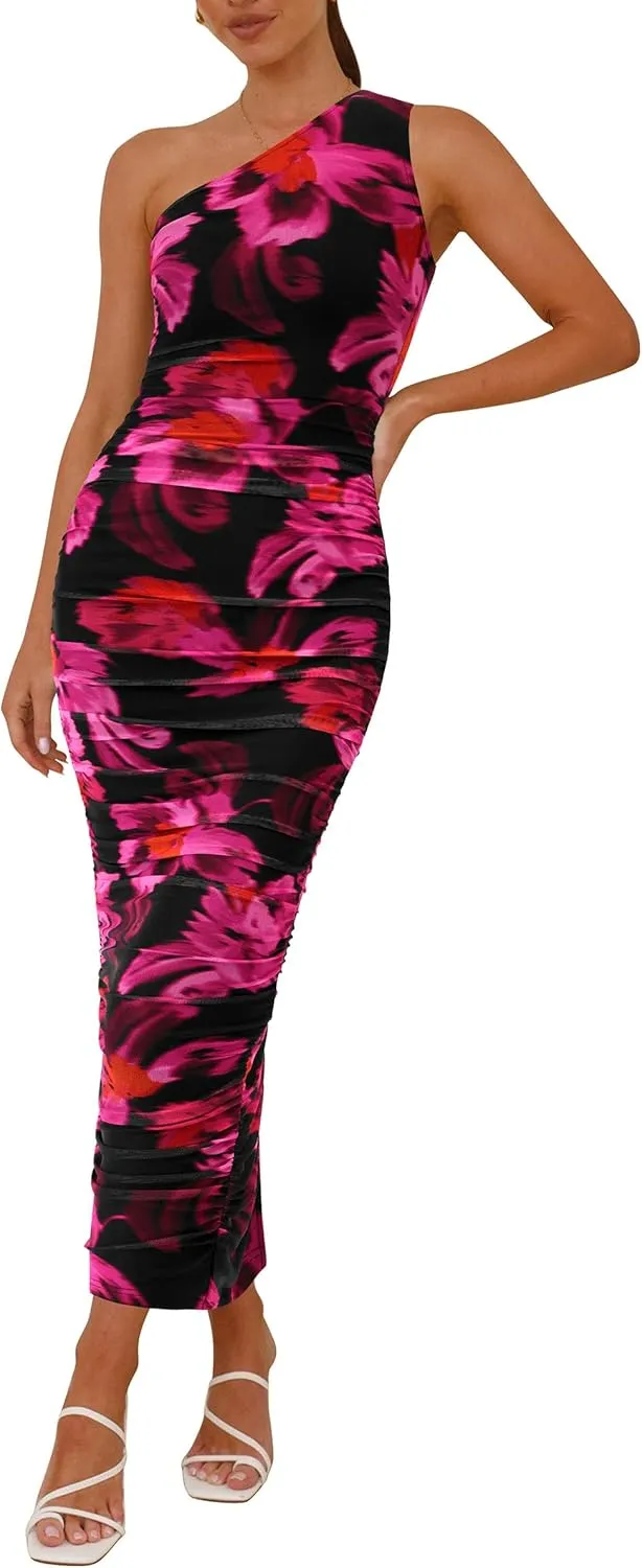 PRETTYGARDEN Women's One Shoulder Bodycon Dress Summer 2025 Ruched Mesh Party Cocktail Fitted Long Dress