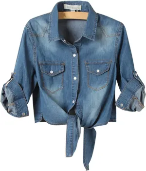 PUWEI Women's Denim Shirts Casual Button Up 3/4 Sleeve Tie Front Jean Crop Tops