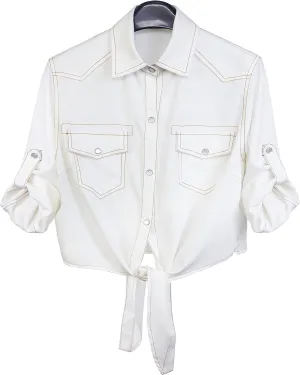 PUWEI Women's Denim Shirts Casual Button Up 3/4 Sleeve Tie Front Jean Crop Tops