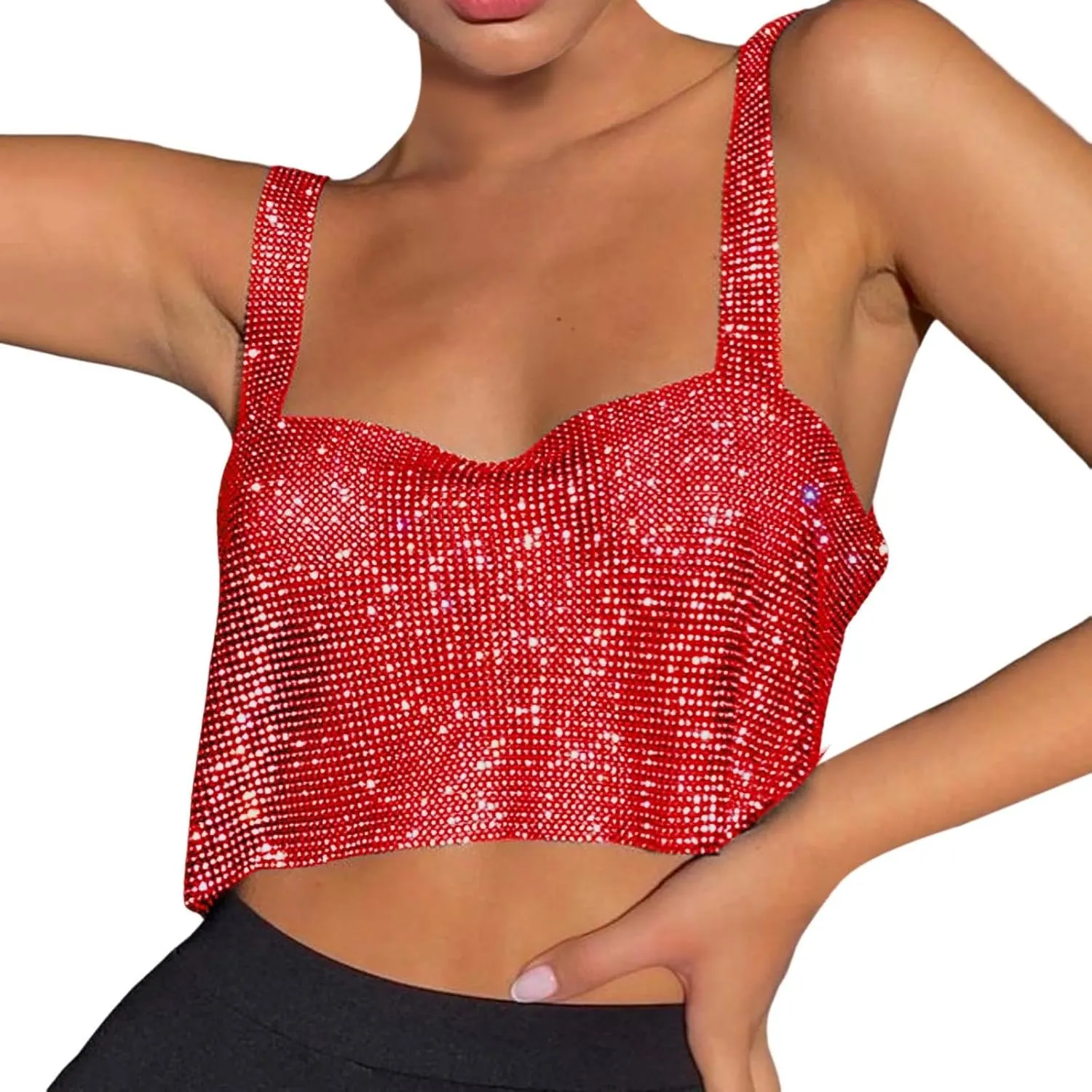 Rhinestone Club Tank Tops for Women Going Out Sequin Square Neck Sleeveless Y2K Shirts Camisole Glitter Party Cute