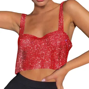 Rhinestone Club Tank Tops for Women Going Out Sequin Square Neck Sleeveless Y2K Shirts Camisole Glitter Party Cute