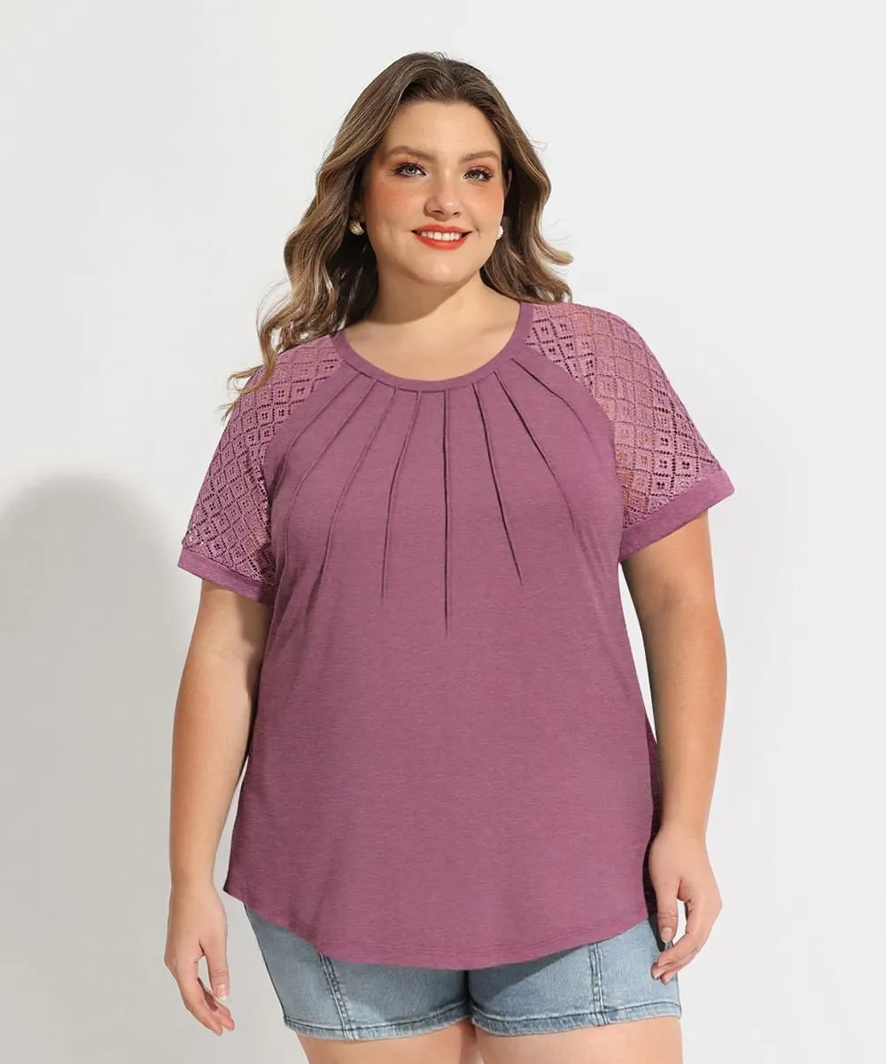RITERA Plus Size Tops for Women Crewneck Short Sleeve Lace Flower Pleated Front Tshirt Casual Summer Blouse XL-5XL