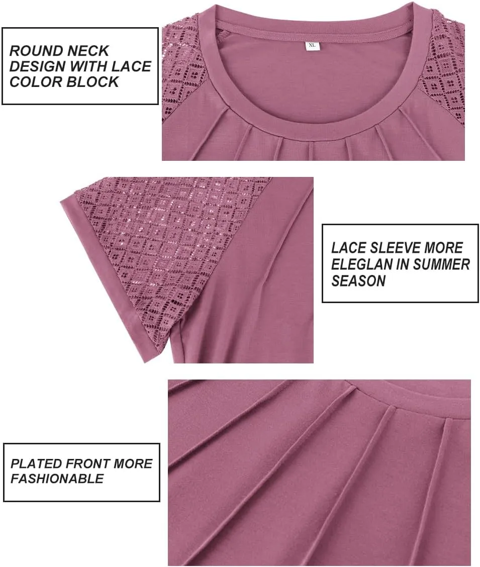 RITERA Plus Size Tops for Women Crewneck Short Sleeve Lace Flower Pleated Front Tshirt Casual Summer Blouse XL-5XL