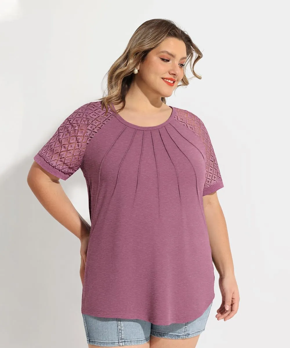 RITERA Plus Size Tops for Women Crewneck Short Sleeve Lace Flower Pleated Front Tshirt Casual Summer Blouse XL-5XL