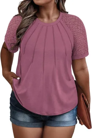 RITERA Plus Size Tops for Women Crewneck Short Sleeve Lace Flower Pleated Front Tshirt Casual Summer Blouse XL-5XL