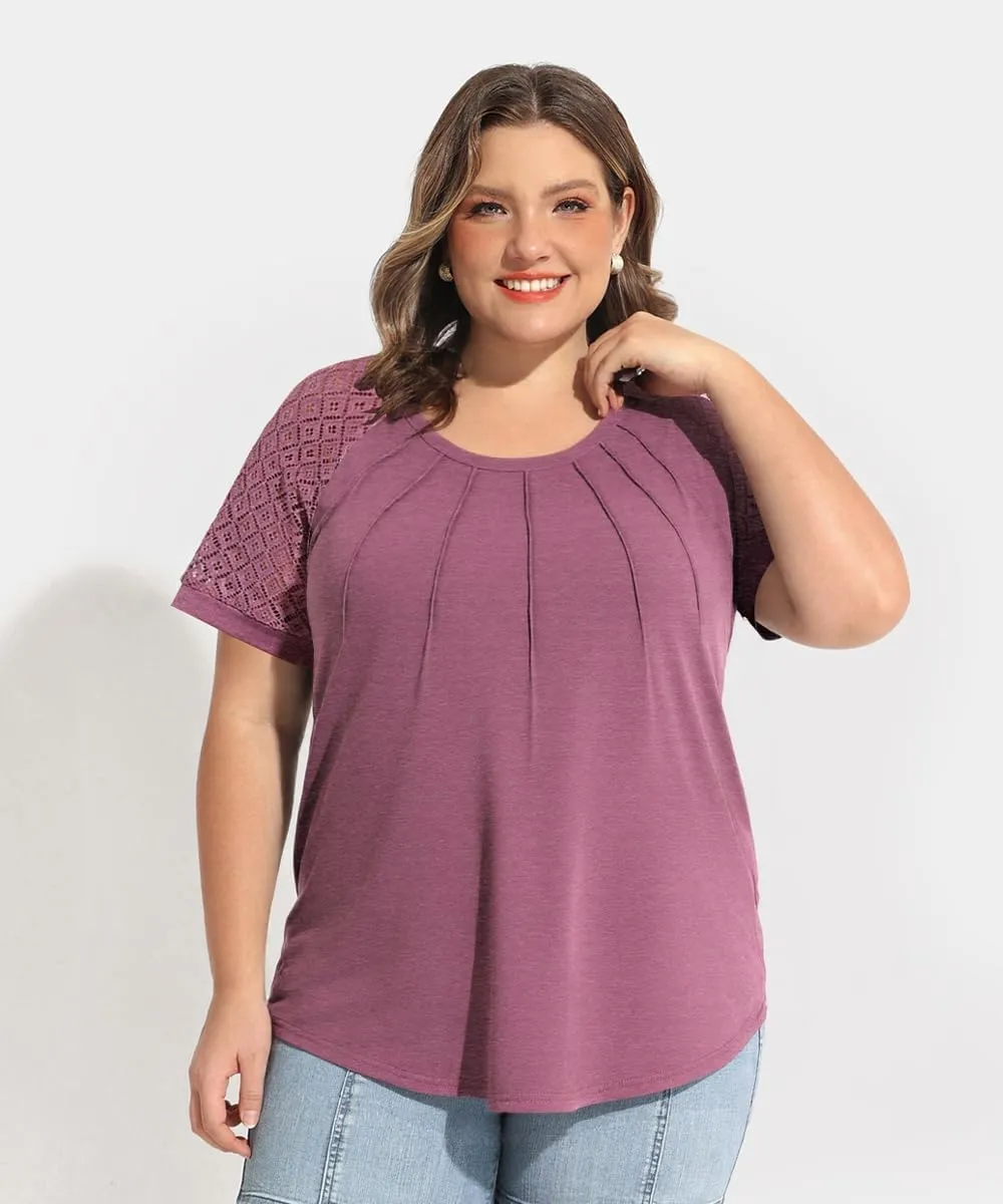 RITERA Plus Size Tops for Women Crewneck Short Sleeve Lace Flower Pleated Front Tshirt Casual Summer Blouse XL-5XL