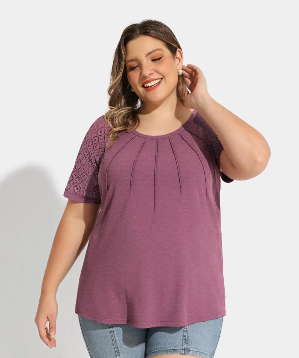 RITERA Plus Size Tops for Women Crewneck Short Sleeve Lace Flower Pleated Front Tshirt Casual Summer Blouse XL-5XL