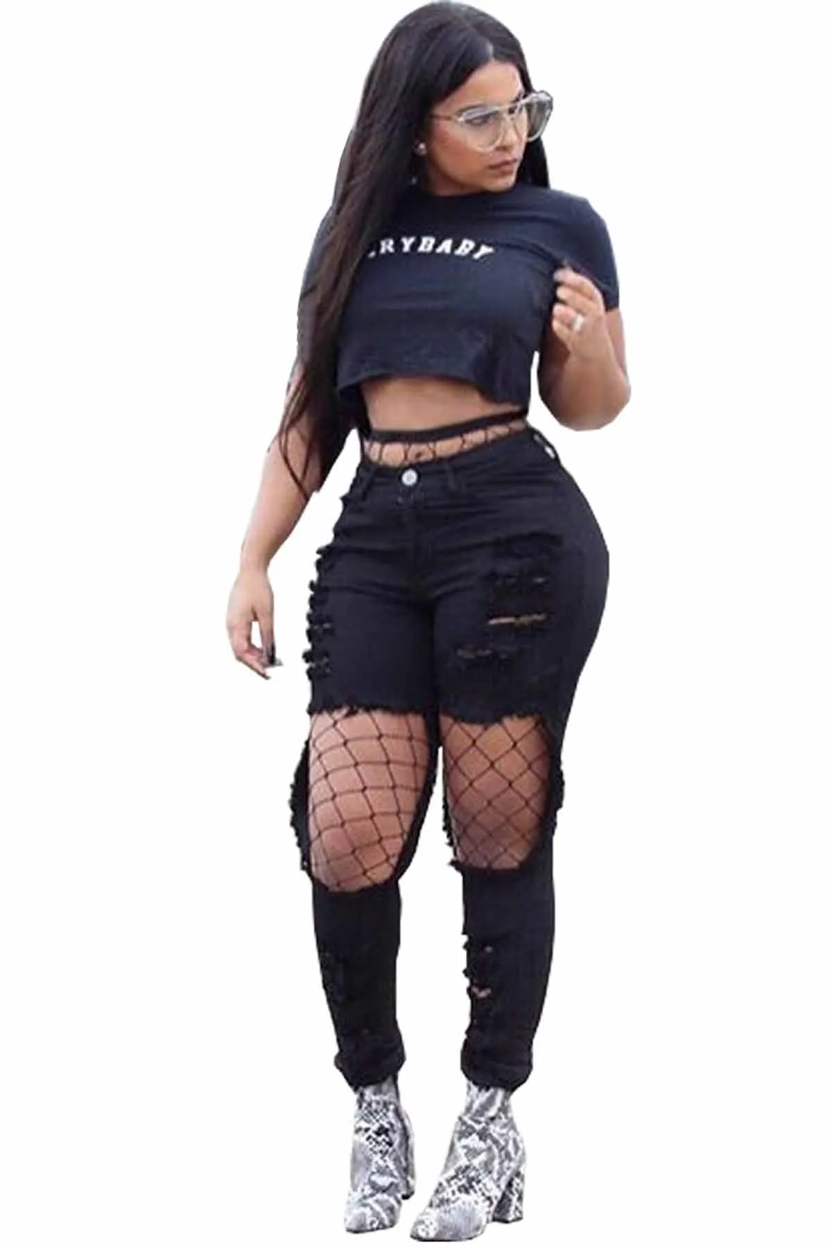 Rough Cut Out Holes Low Waist Long Skinny Jeans Denim Pants
