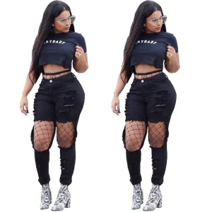Rough Cut Out Holes Low Waist Long Skinny Jeans Denim Pants